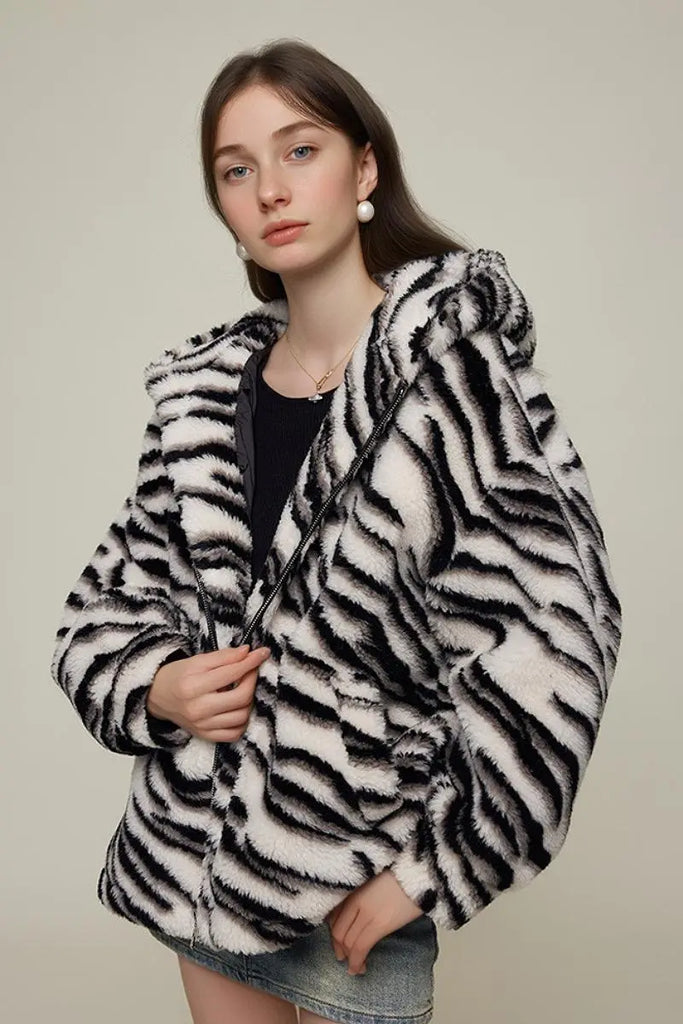 Fibflx Women's Oversized Zebra Print Genuine Wool Shearling Jacket with Hood