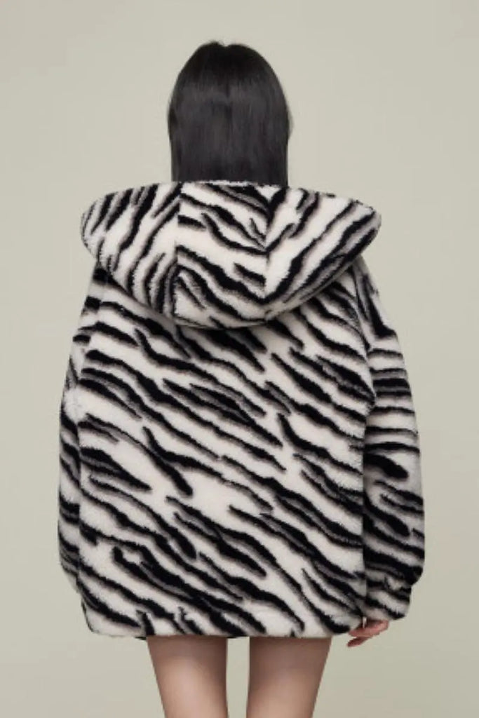 Fibflx Women's Oversized Zebra Print Genuine Wool Shearling Jacket with Hood