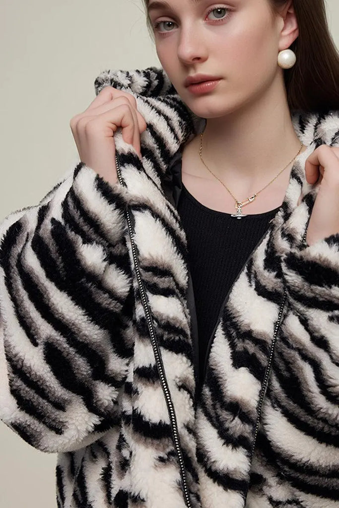 Fibflx Women's Oversized Zebra Print Genuine Wool Shearling Jacket with Hood