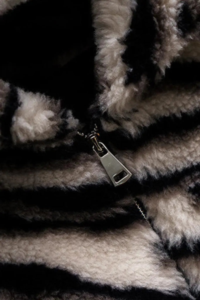 Fibflx Women's Oversized Zebra Print Genuine Wool Shearling Jacket with Hood