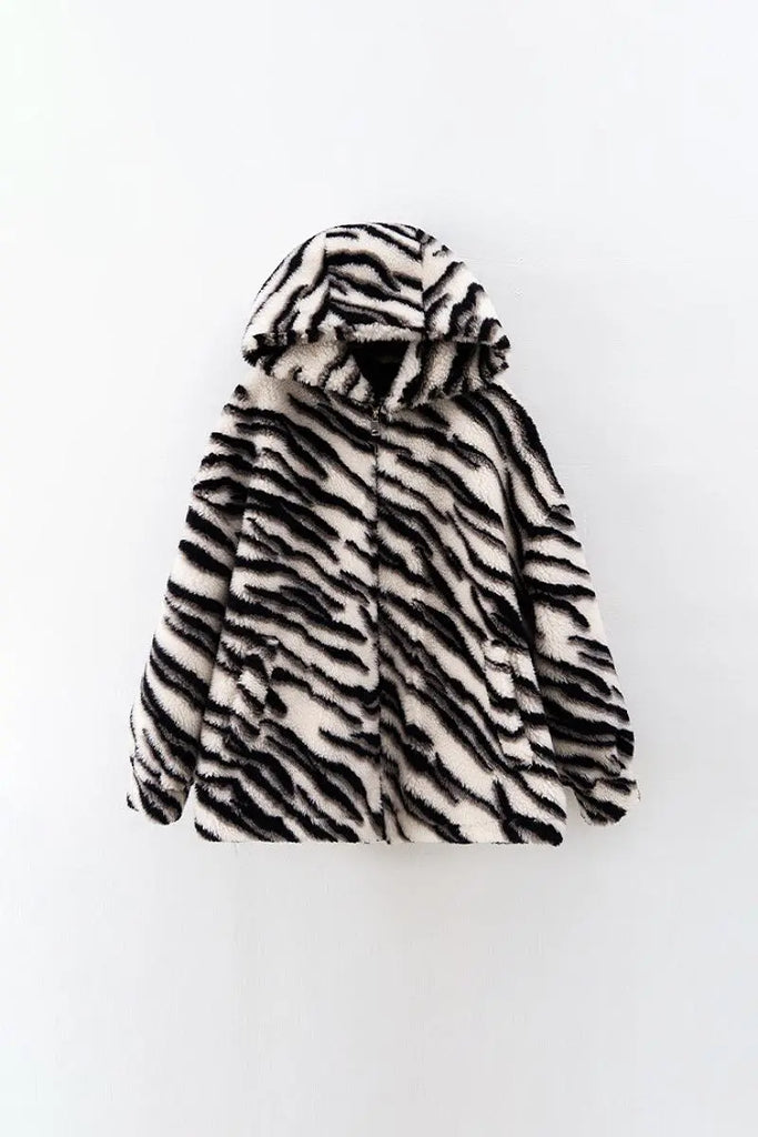 Fibflx Women's Oversized Zebra Print Genuine Wool Shearling Jacket with Hood