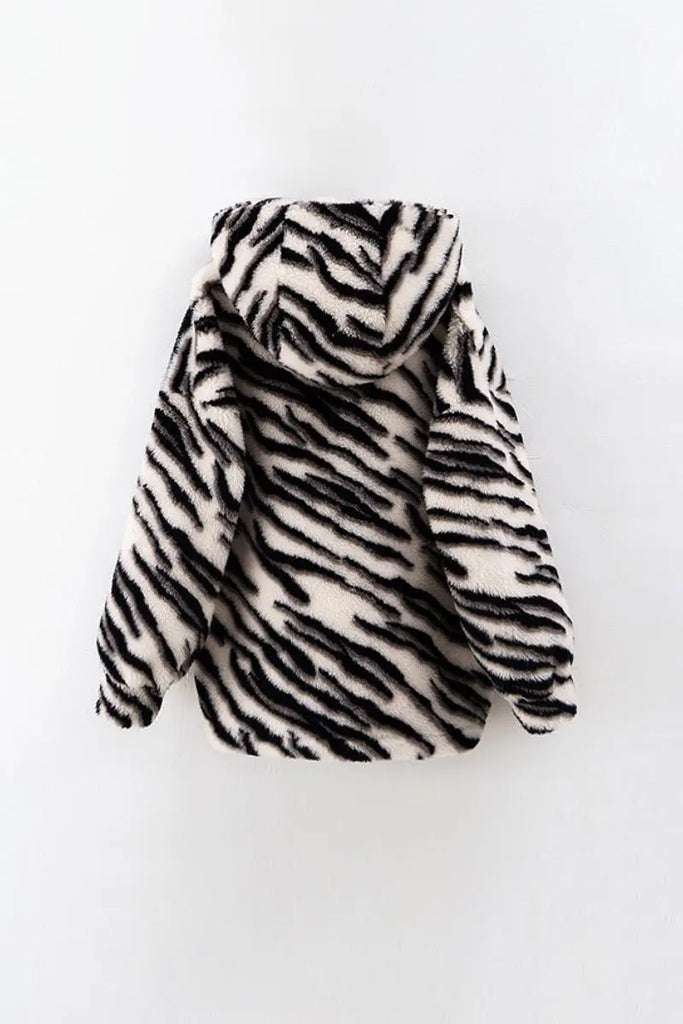Fibflx Women's Oversized Zebra Print Genuine Wool Shearling Jacket with Hood