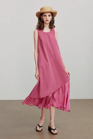 Pink Flowy Asymmetrical Sleeveless Trapeze Midi Dress Fibflx