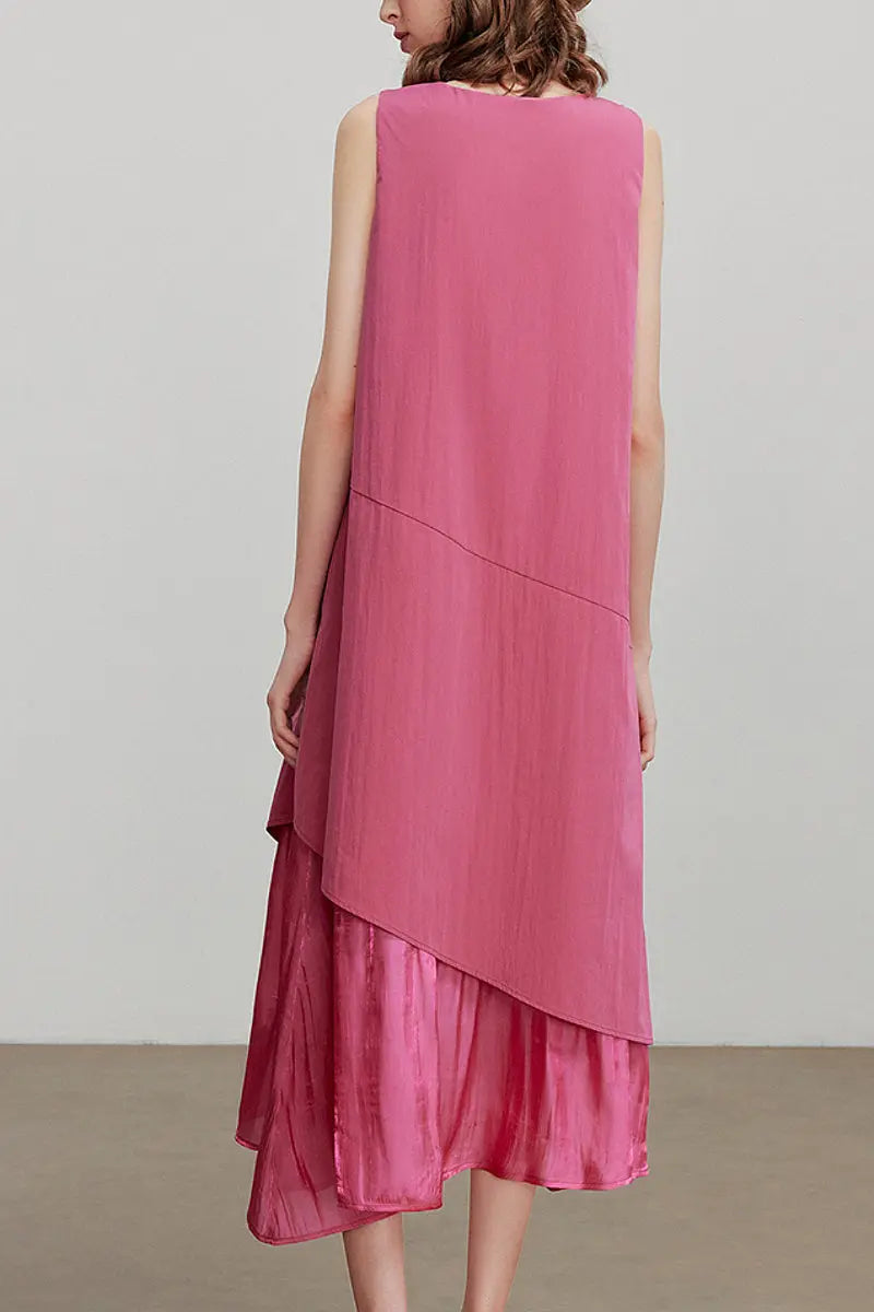 Pink Flowy Asymmetrical Sleeveless Trapeze Midi Dress L / Teaberry Pink / 70% Recycled Polyester 30% Viscose
