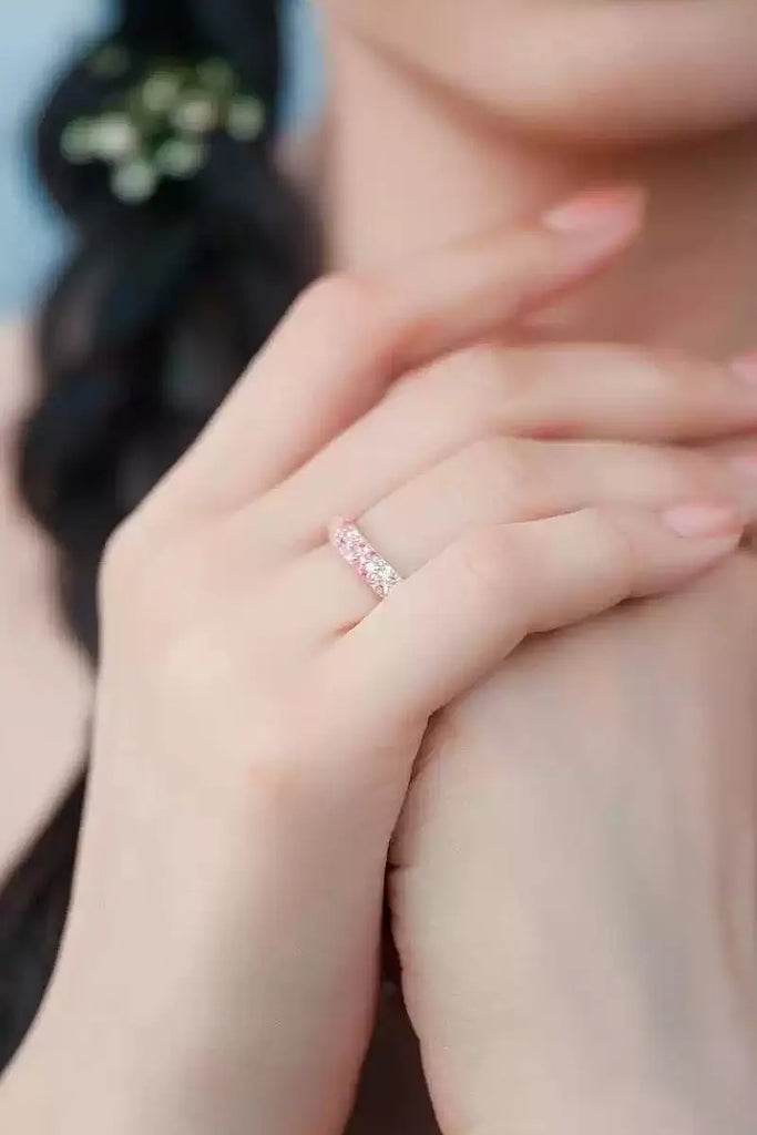 Fibflx Women's Pink Moissanite Pave Band Ring in Rose Gold Plated Sterling Silver