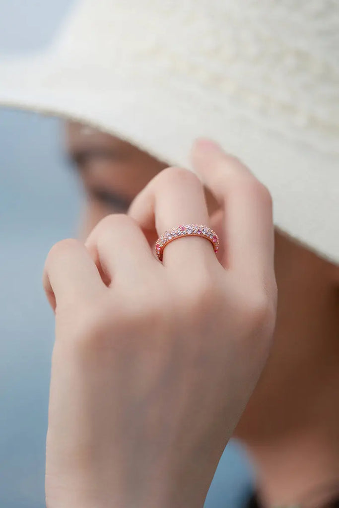 Fibflx Women's Pink Moissanite Pave Band Ring in Rose Gold Plated Sterling Silver