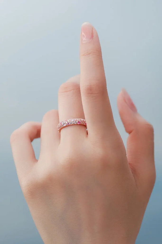 Fibflx Women's Pink Moissanite Pave Band Ring in Rose Gold Plated Sterling Silver