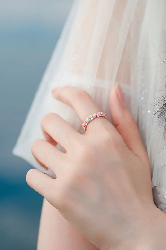 Fibflx Women's Pink Moissanite Pave Band Ring in Rose Gold Plated Sterling Silver