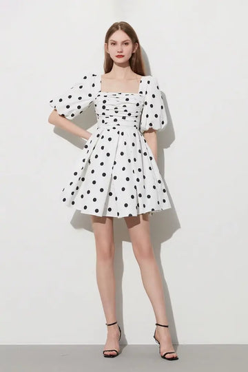 Fibflx Women's Black and White Polka Dot Square Neckline Puff Sleeve Dress
