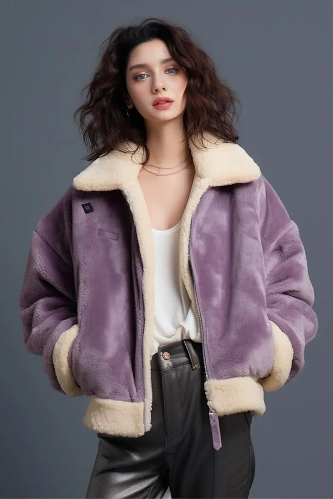 Fibflx Women's Purple Cropped Teddy Sherpa Bomber Jacket