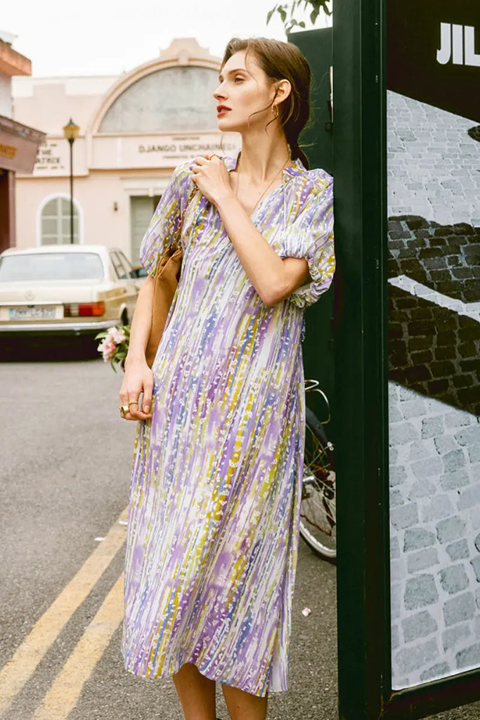 Purple Silk Double Crepe Abstract-Print Midi Dress Fibflx