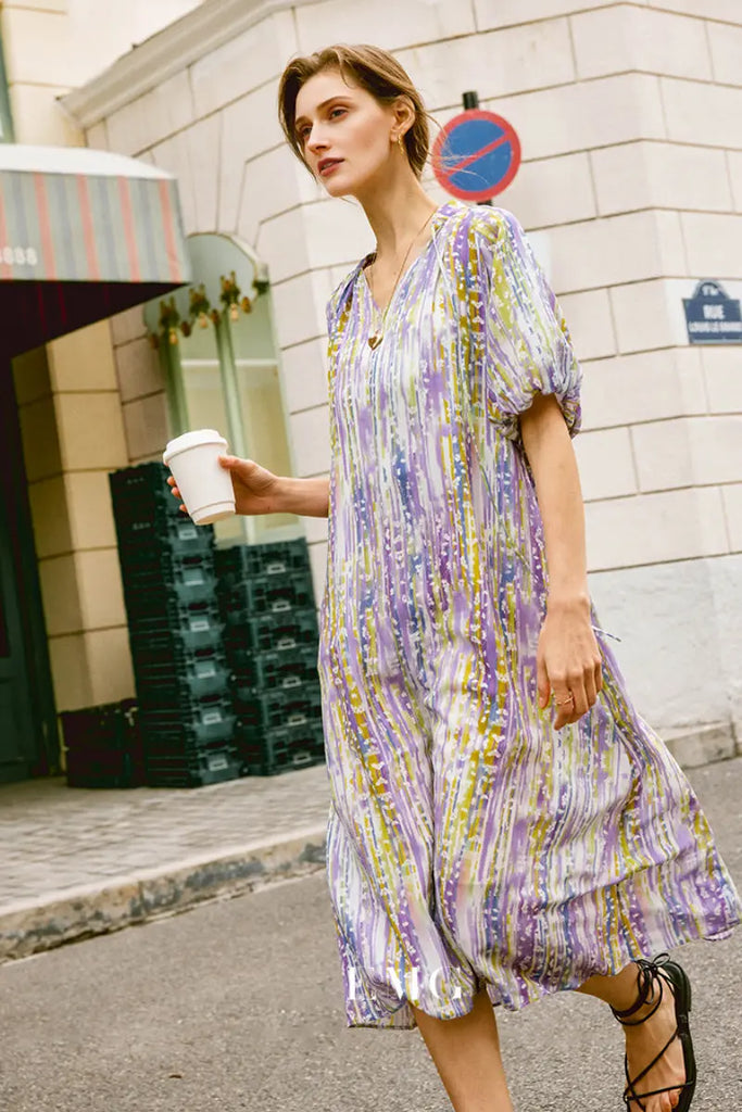 Purple Silk Double Crepe Abstract-Print Midi Dress Fibflx