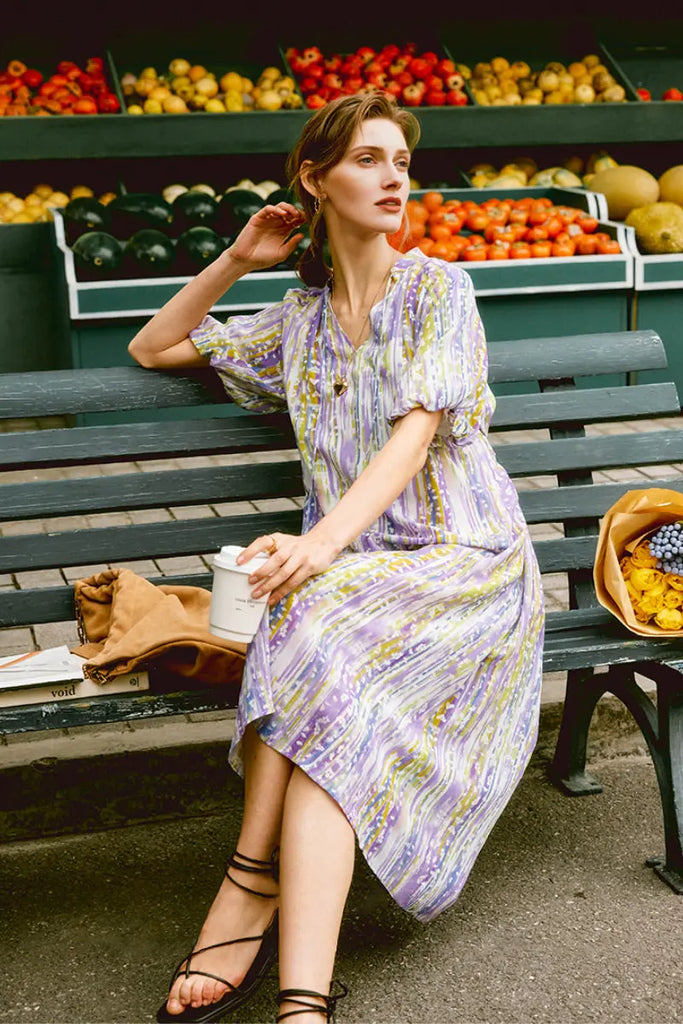 Purple Silk Double Crepe Abstract-Print Midi Dress Fibflx