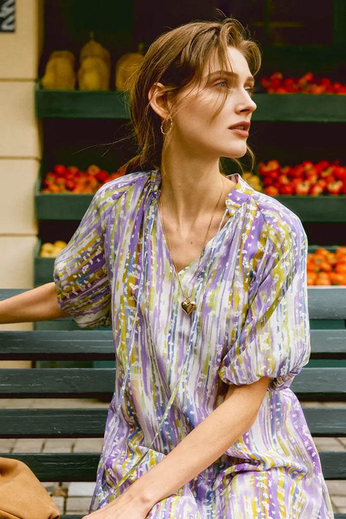 Purple Silk Double Crepe Abstract-Print Midi Dress Fibflx