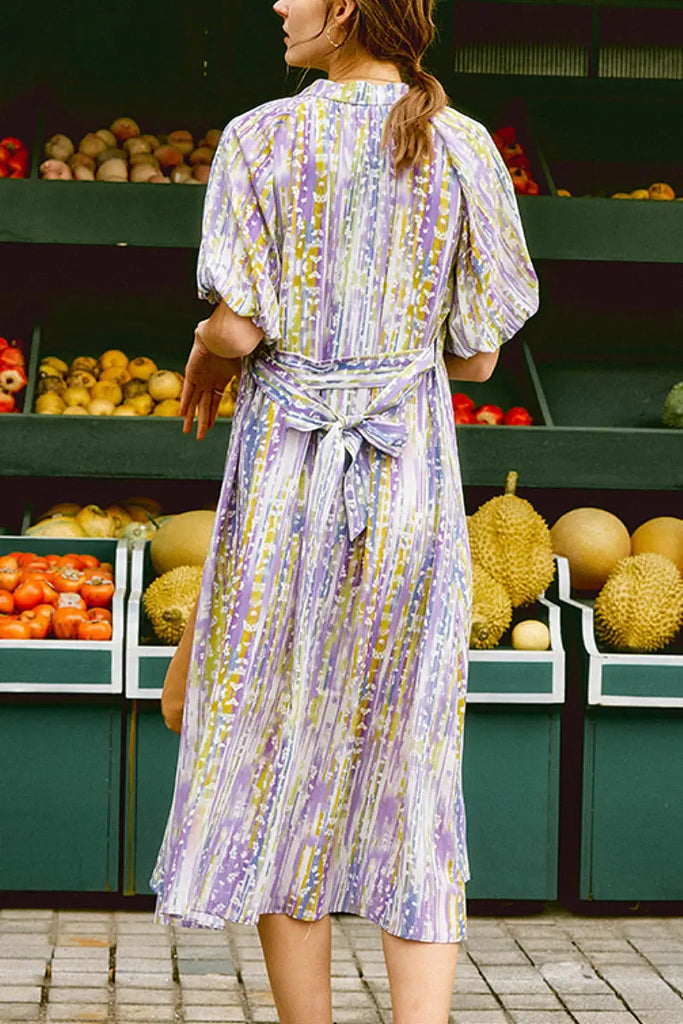 Purple Silk Double Crepe Abstract-Print Midi Dress Fibflx