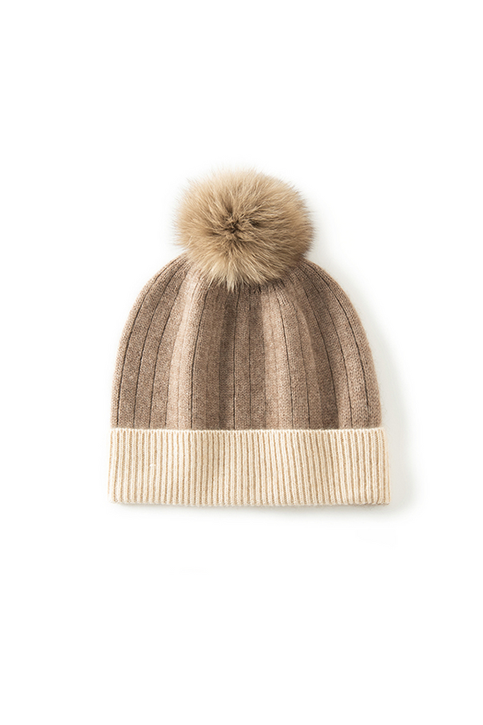 RIbbed Color-block Knit Cashmere Beanie With Pom Pom Fibflx