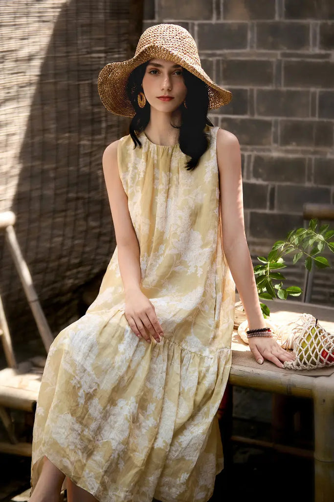 Ramie Floral Tiered Sleeveless Trapeze Midi Dress  Fibflx