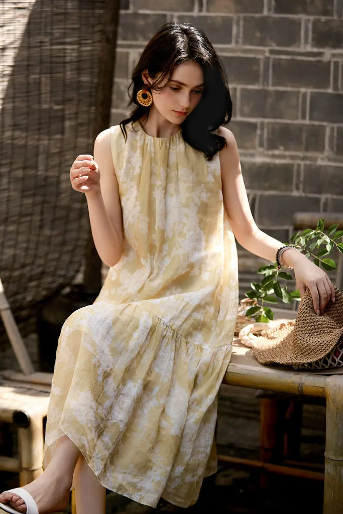 Ramie Floral Tiered Sleeveless Trapeze Midi Dress  Fibflx