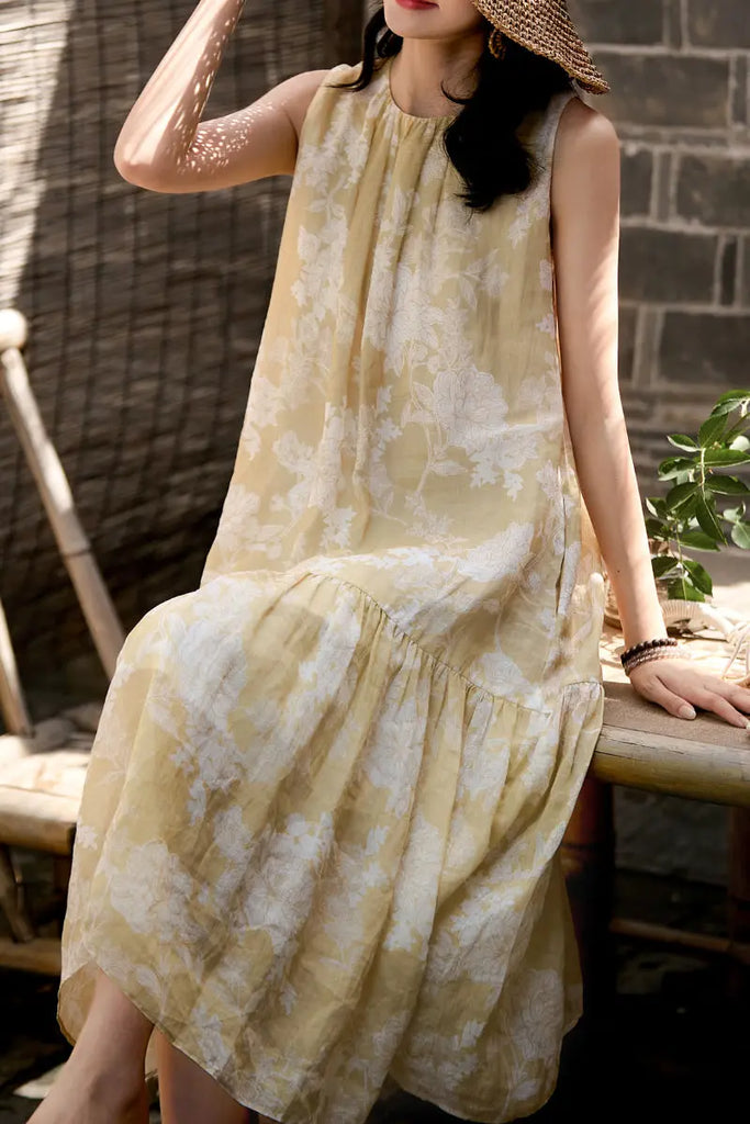 Ramie Floral Tiered Sleeveless Trapeze Midi Dress  Fibflx