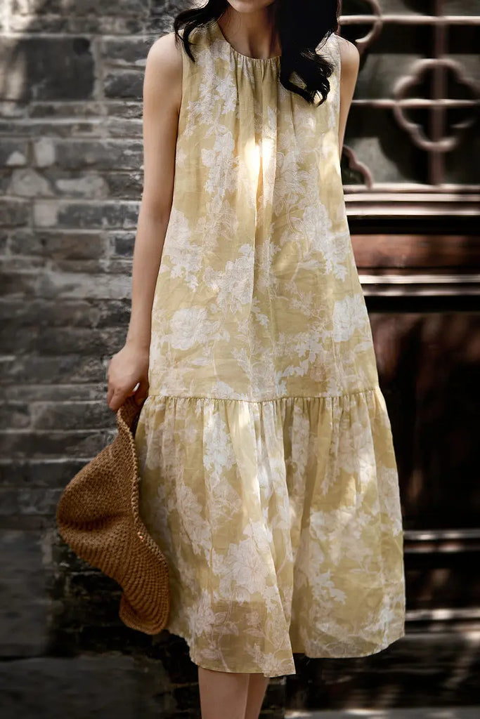 Ramie Floral Tiered Sleeveless Trapeze Midi Dress  Fibflx