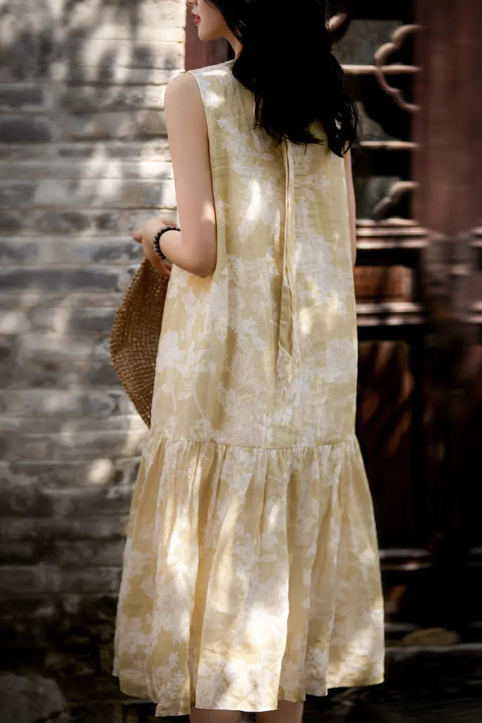 Ramie Floral Tiered Sleeveless Trapeze Midi Dress  Fibflx