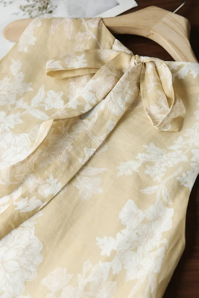 Ramie Floral Tiered Sleeveless Trapeze Midi Dress  Fibflx