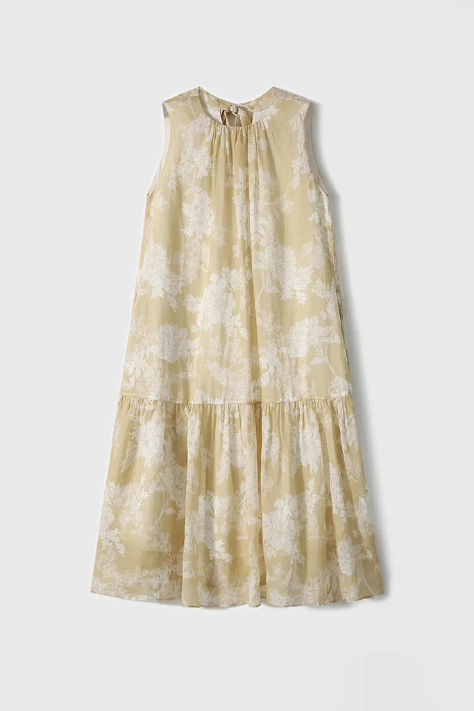 Ramie Floral Tiered Sleeveless Trapeze Midi Dress  Fibflx