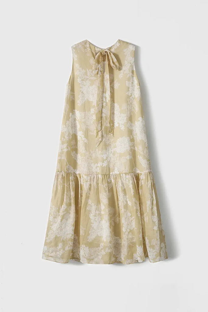 Ramie Floral Tiered Sleeveless Trapeze Midi Dress  Fibflx