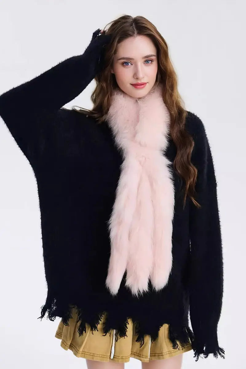 Fibflx Women's Real Fox Fur Pull Through Scarf with Tails