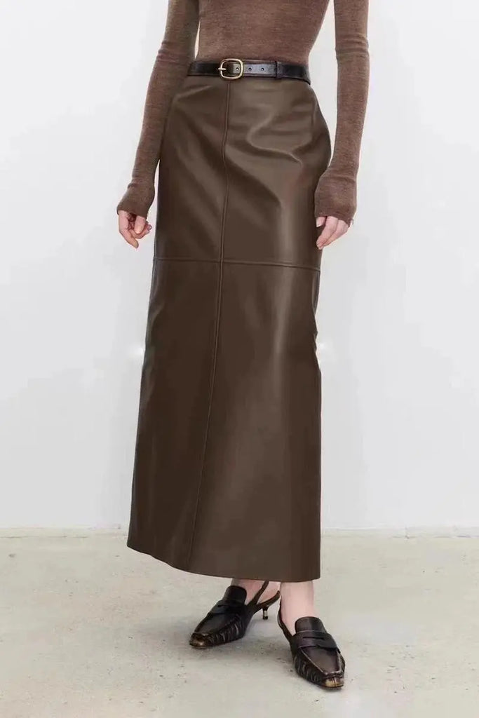 Fibflx Women's Real Lambskin Leather Pencil Maxi Skirt