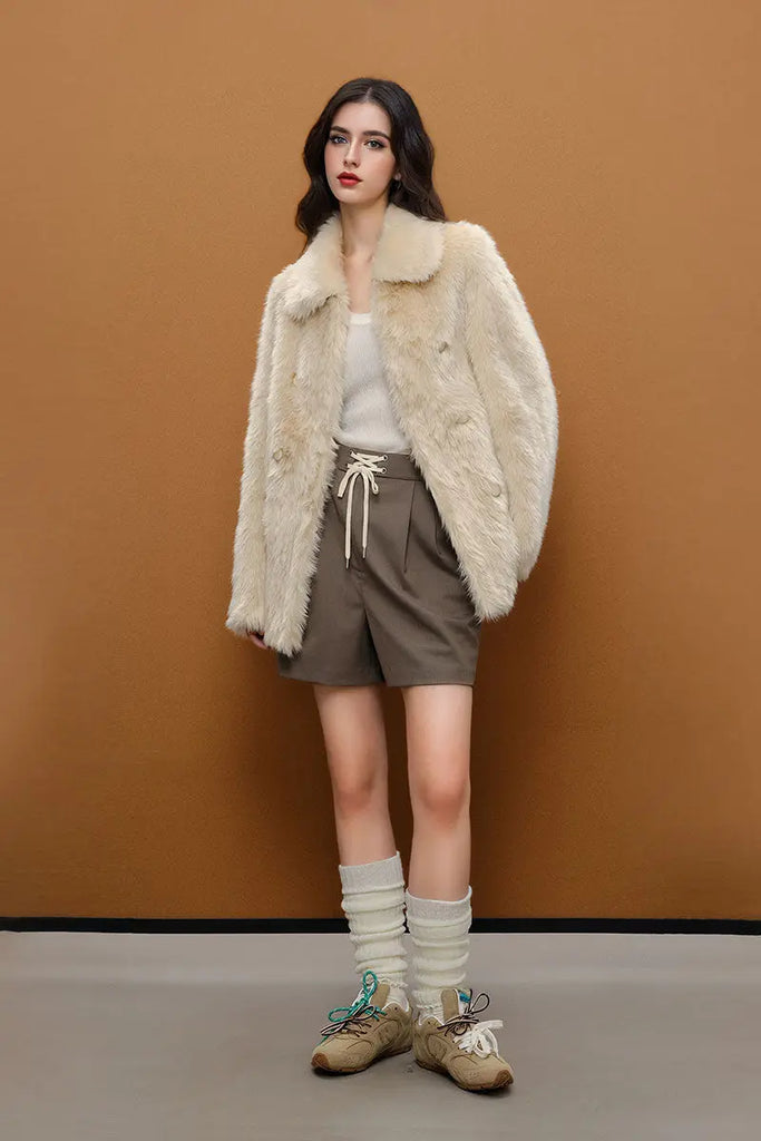 Fibflx Women's Recycled Faux Fur Double Breasted Mid-Length Coat