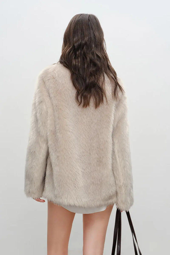 Fibflx Women's Recycled Faux Fur Double Breasted Mid-Length Coat