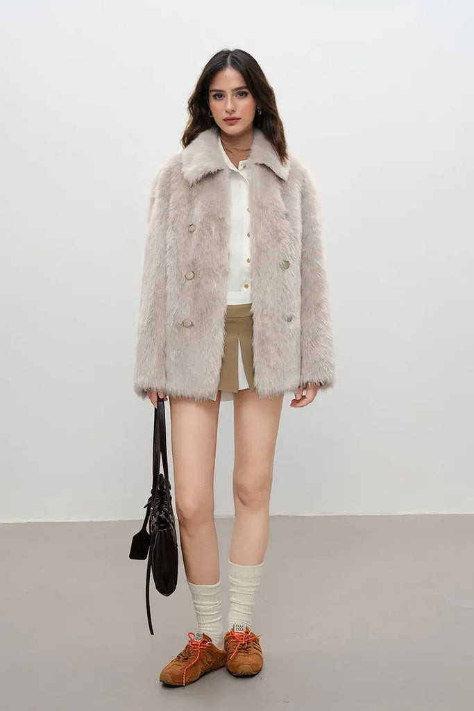 Fibflx Women's Recycled Faux Fur Double Breasted Mid-Length Coat