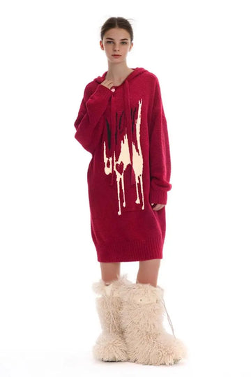 Red Chunky Hooded Christmas Pajama Dress Fibflx