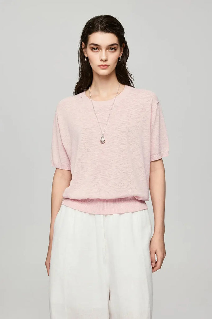 Relaxed Cotton-Linen Crewneck T-Shirt Soft Pink / M Fibflx