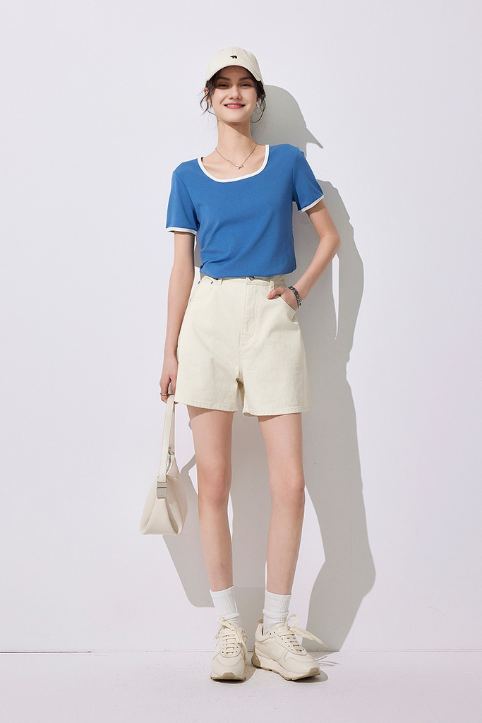 Fibflx Women's Retro Bermuda High Waisted Denim Shorts