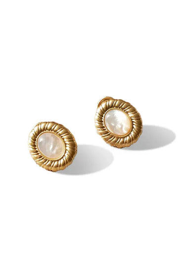 Retro Round Golden Clip Earrings with Mother Pearl Fibflx