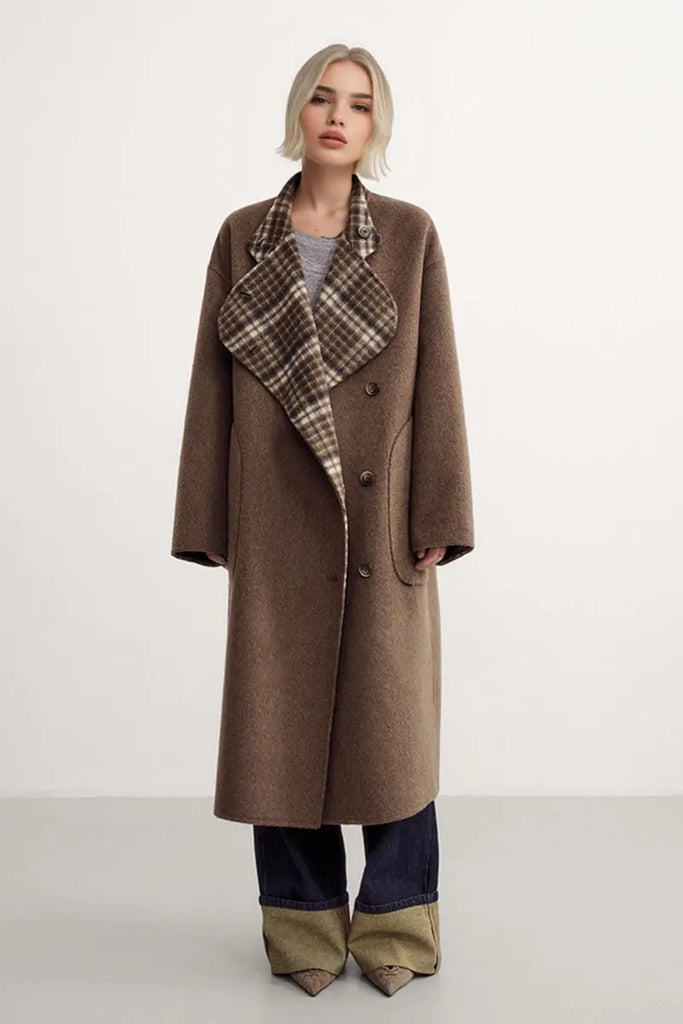 Fibflx Women's Reversible Double-Face Wool Blend Plaid Coat with Scarf