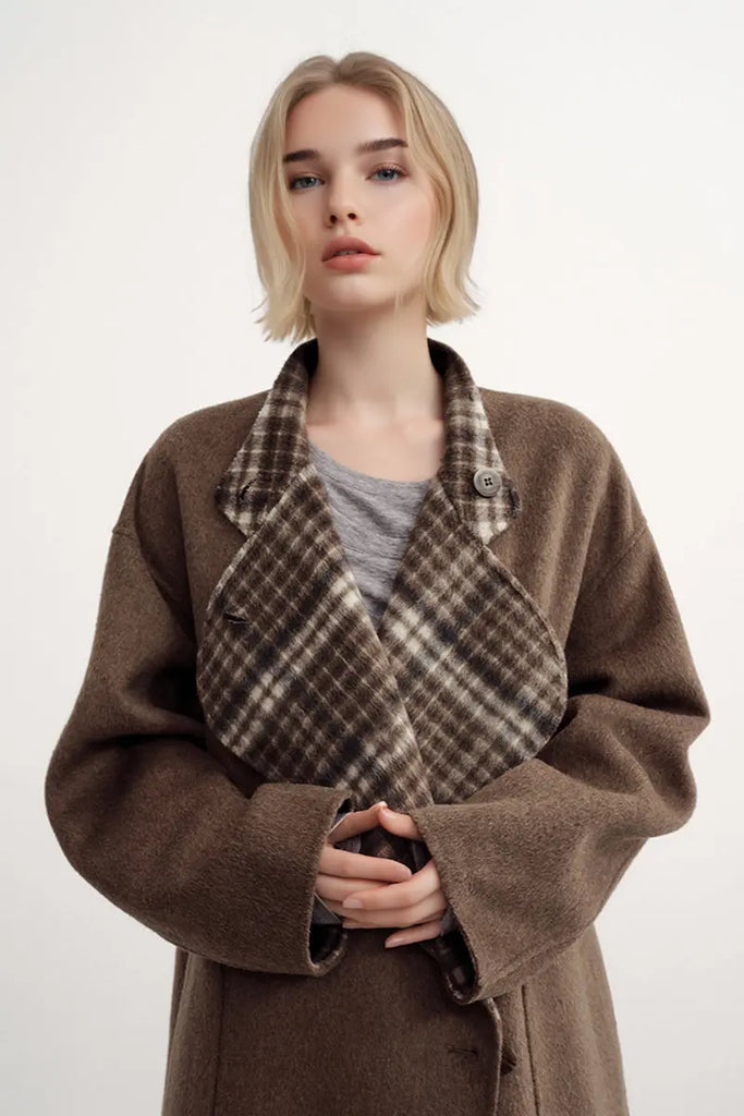 Fibflx Women's Reversible Double-Face Wool Blend Plaid Coat with Scarf