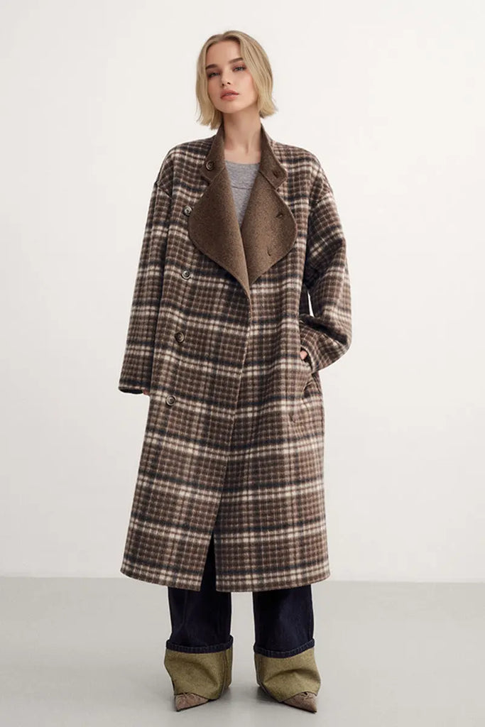 Fibflx Women's Reversible Double-Face Wool Blend Plaid Coat with Scarf