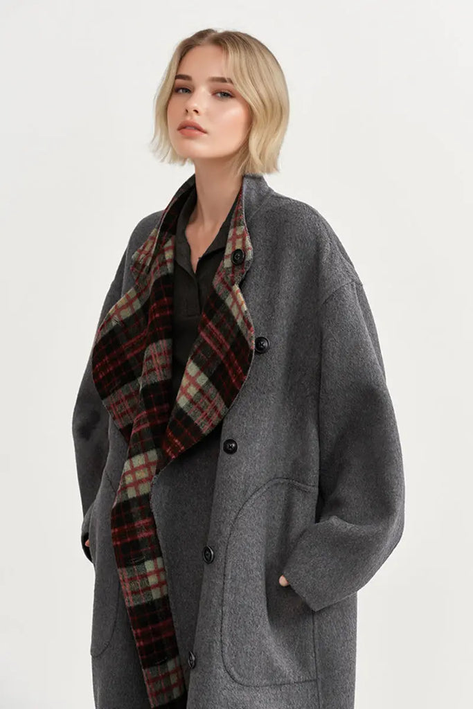 Fibflx Women's Reversible Double-Face Wool Blend Plaid Coat with Scarf
