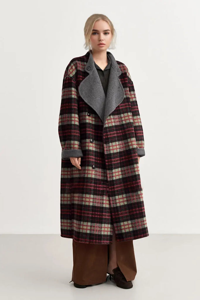Fibflx Women's Reversible Double-Face Wool Blend Plaid Coat with Scarf