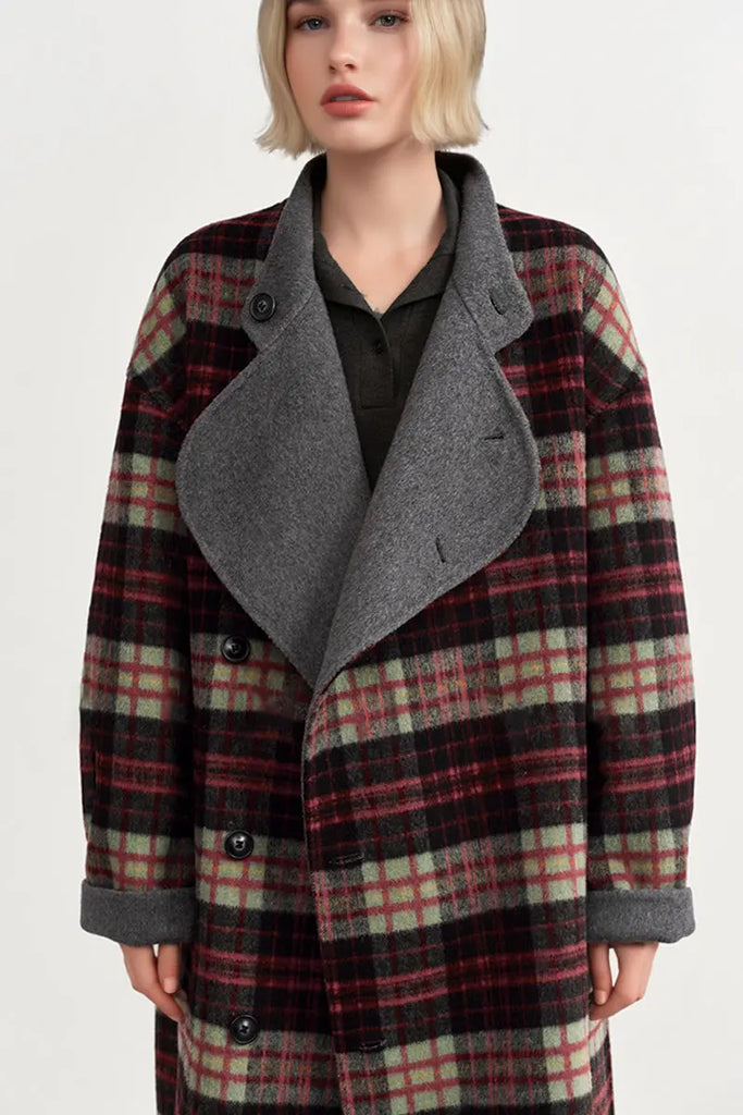 Fibflx Women's Reversible Double-Face Wool Blend Plaid Coat with Scarf