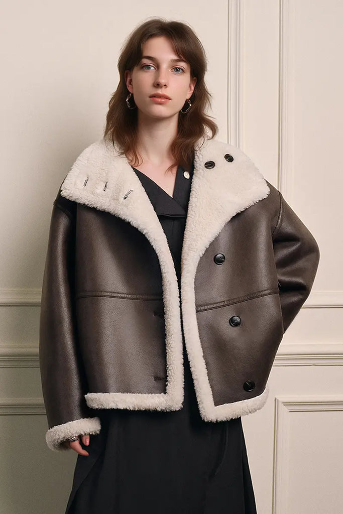 Fibflx Women's Reversible Genuine Shearling & Faux Suede Aviator Jacket