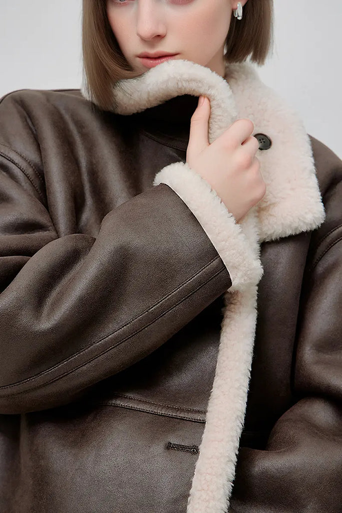 Fibflx Women's Reversible Genuine Shearling & Faux Suede Aviator Jacket