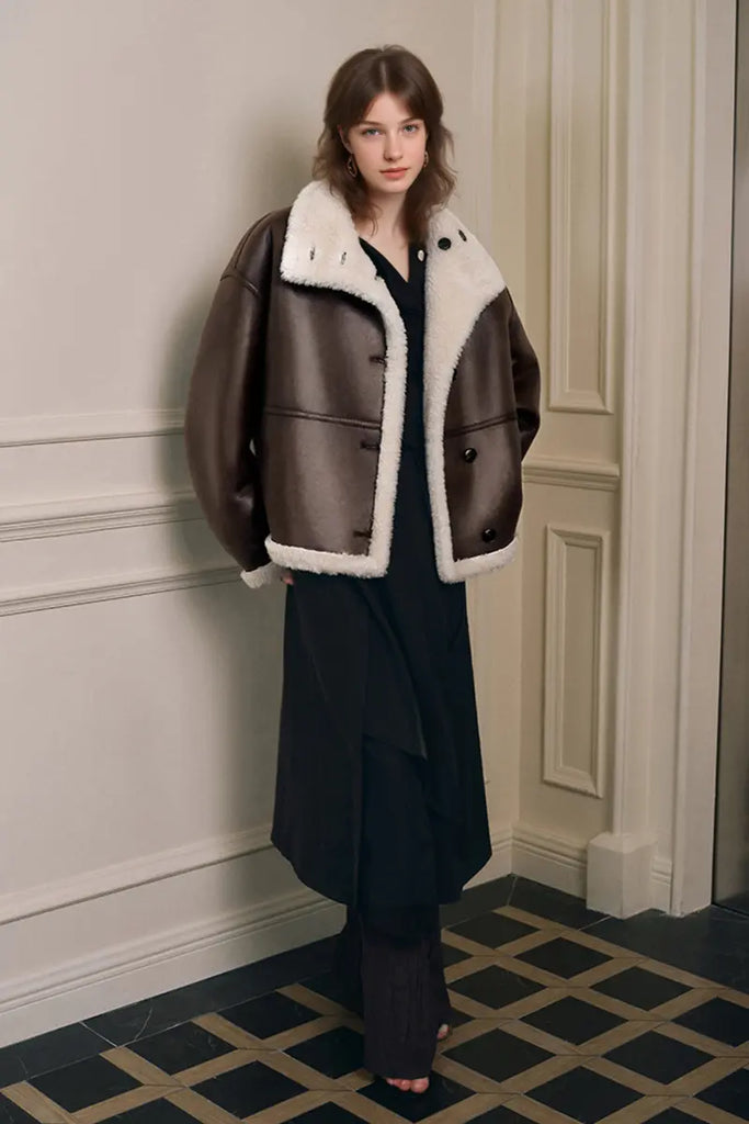 Fibflx Women's Reversible Genuine Shearling & Faux Suede Aviator Jacket