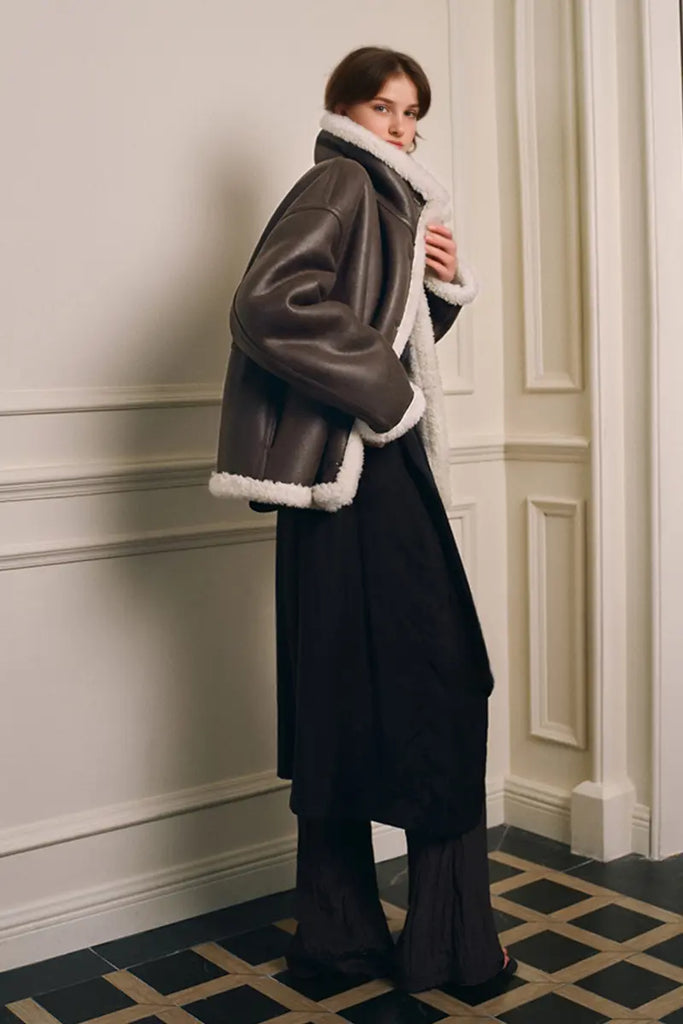 Fibflx Women's Reversible Genuine Shearling & Faux Suede Aviator Jacket