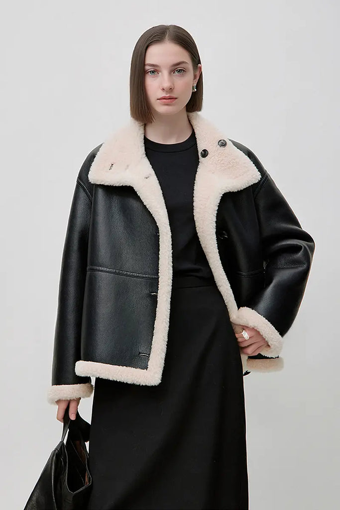 Fibflx Women's Reversible Genuine Shearling & Faux Suede Aviator Jacket