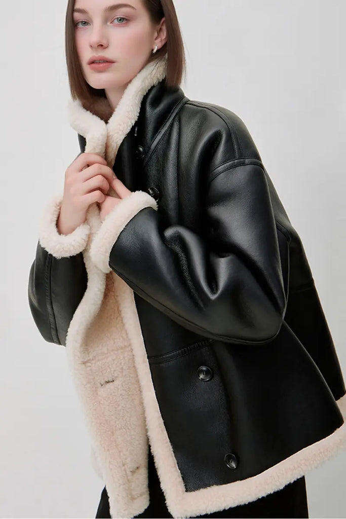 Fibflx Women's Reversible Genuine Shearling & Faux Suede Aviator Jacket