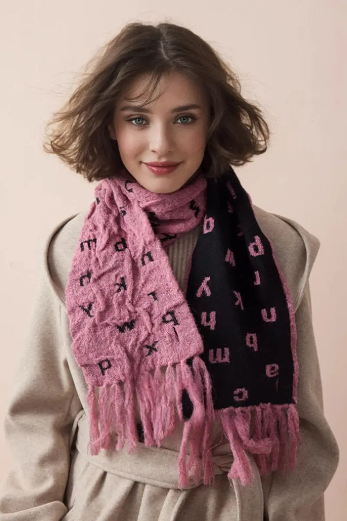 Fibflx Women's Reversible Letter Jacquard Mohair Blend Toggle Scarf